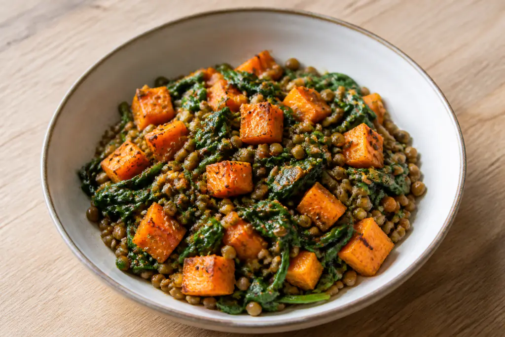Georgian-Inspired Vegan Lentil Sweet Potato Spinach Bowl