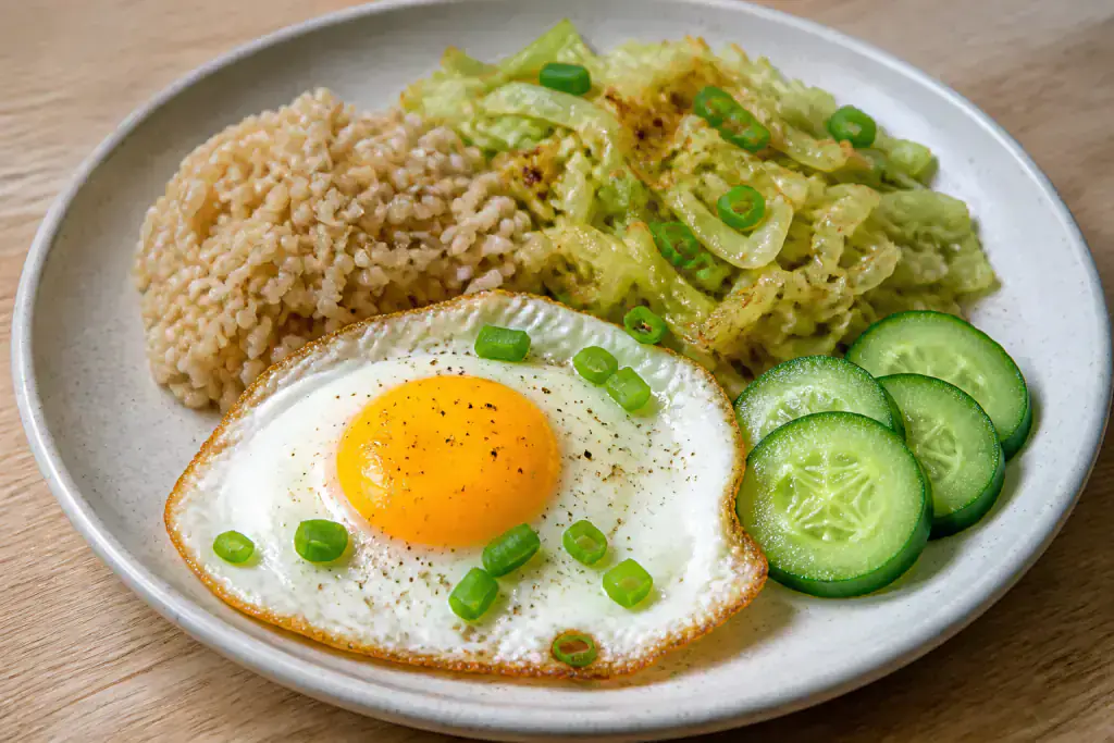 German-Inspired Diabetes-Friendly Egg Brown Rice Cabbage Plate