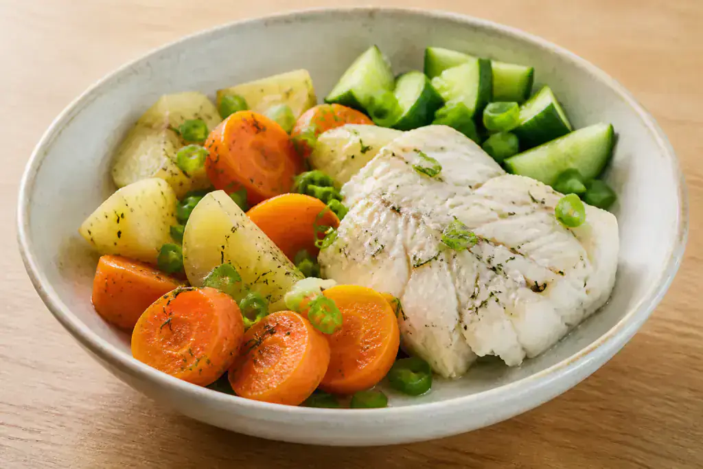 Greek Low-FODMAP-Style Fish Potato Carrot Bowl