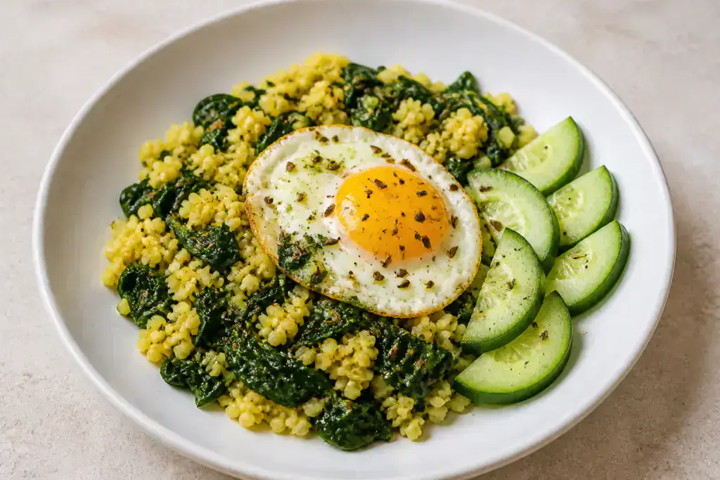 Greek PCOS-Friendly Egg Millet Spinach Breakfast
