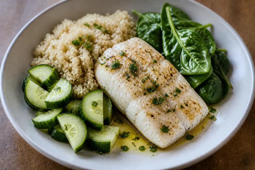Guatemalan-Inspired Heart-Healthy White Fish Quinoa Cucumber Plate