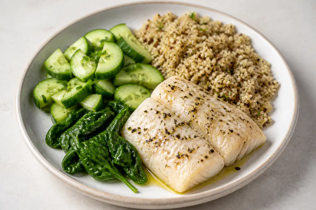 Haitian-Inspired Heart-Healthy White Fish Quinoa Cucumber Plate