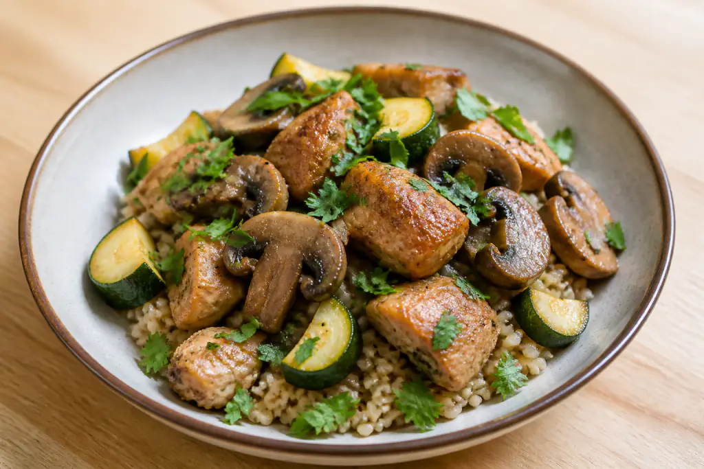 Hungarian-Inspired Fatty-Liver-Caution Chicken Brown Rice Mushroom Bowl