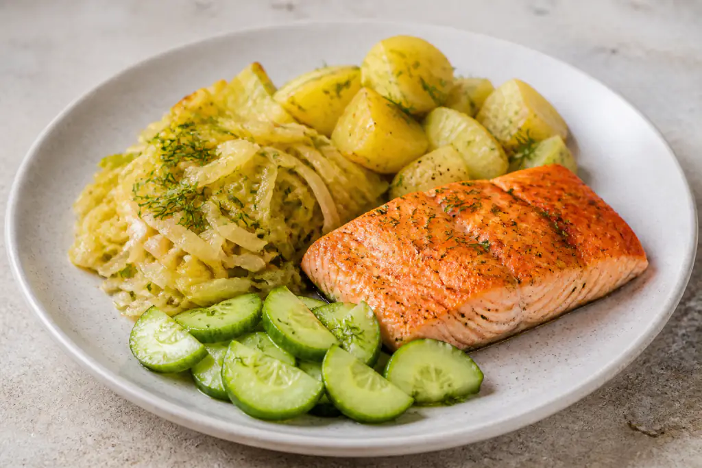 Hungarian-Inspired Heart-Healthy Salmon Potato Cabbage Plate