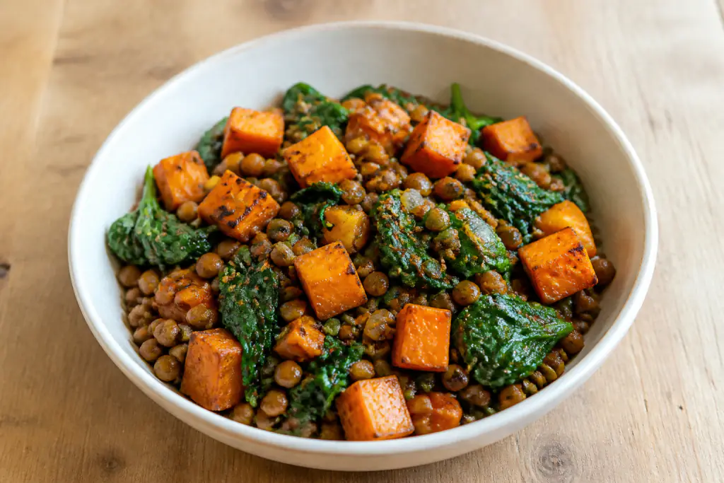 Hungarian-Inspired Vegan Lentil Sweet Potato Spinach Bowl