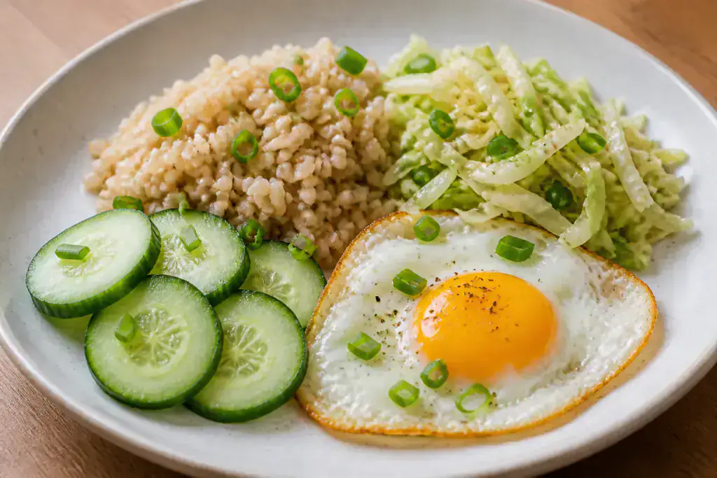 Indonesian Diabetes-Friendly Egg Brown Rice Cabbage Plate