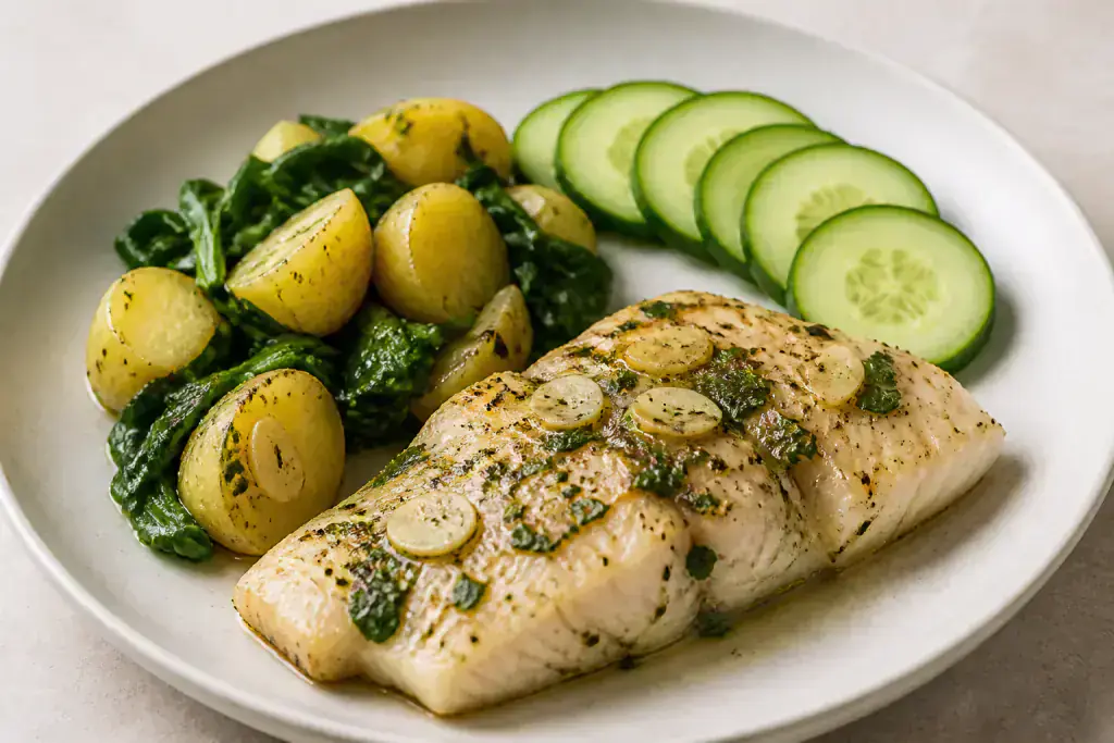 Indonesian Heart-Healthy White Fish Potato Spinach Plate