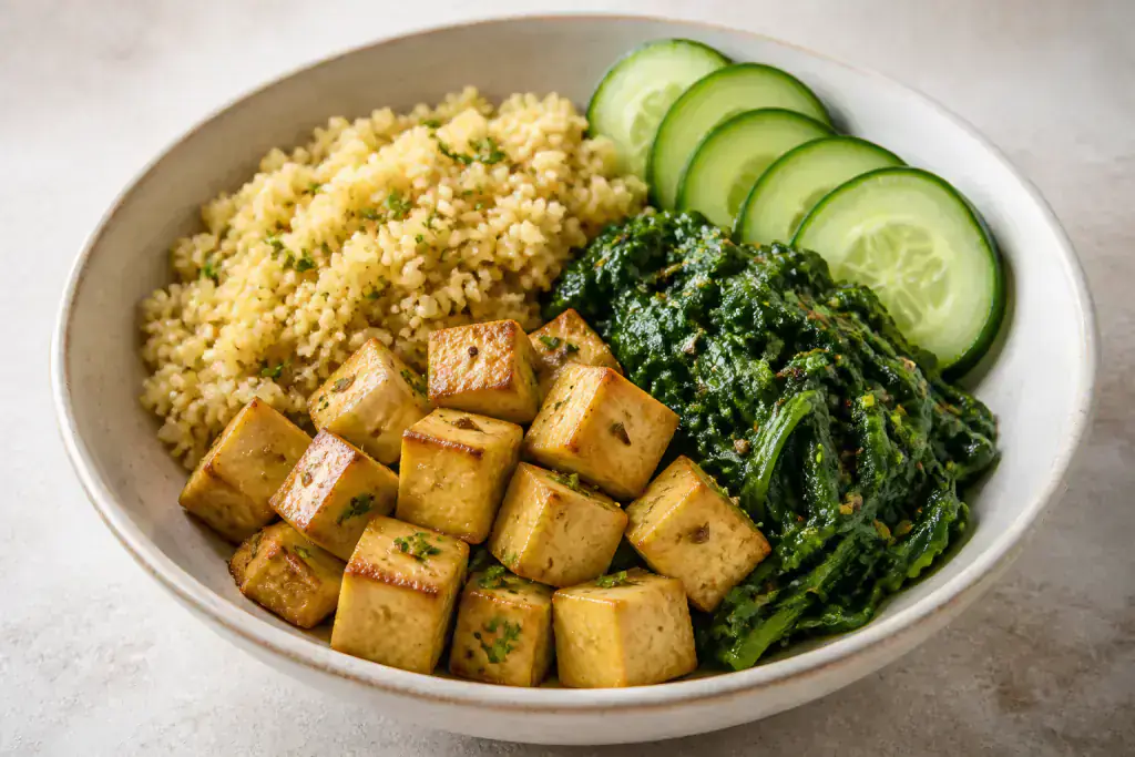 Indonesian PCOS-Friendly Tofu Millet Greens Bowl