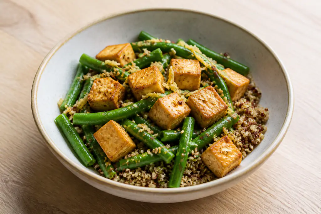 Iraqi-Inspired Diabetes-Friendly Tofu Quinoa Green Bean Bowl