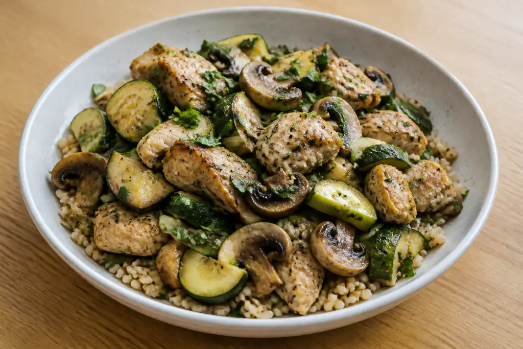 Iraqi-Inspired Fatty-Liver-Caution Chicken Brown Rice Mushroom Bowl