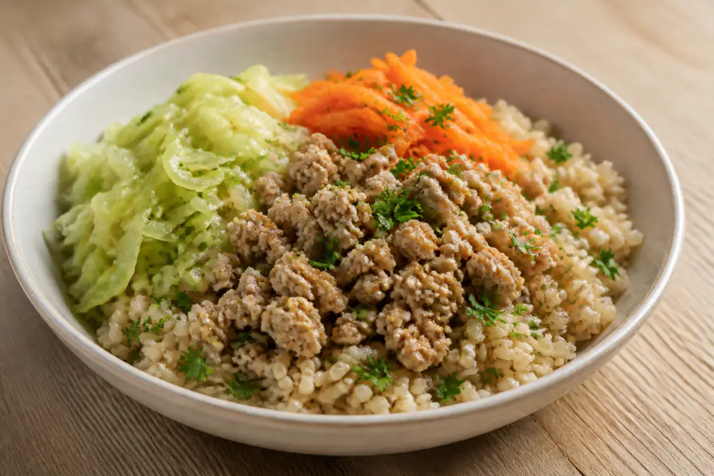 Iraqi-Inspired Hypertension-Friendly Turkey Brown Rice Cabbage Bowl