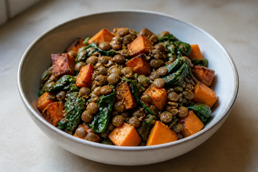 Iraqi-Inspired Vegan Lentil Sweet Potato Spinach Bowl