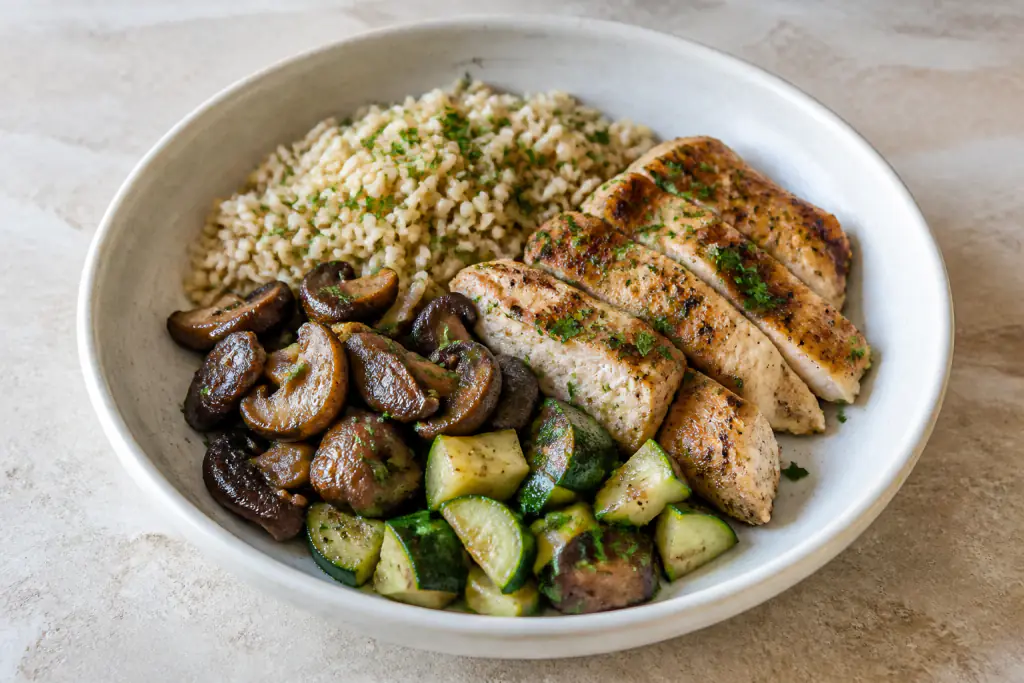Jordanian-Inspired Fatty-Liver-Caution Chicken Brown Rice Mushroom Bowl