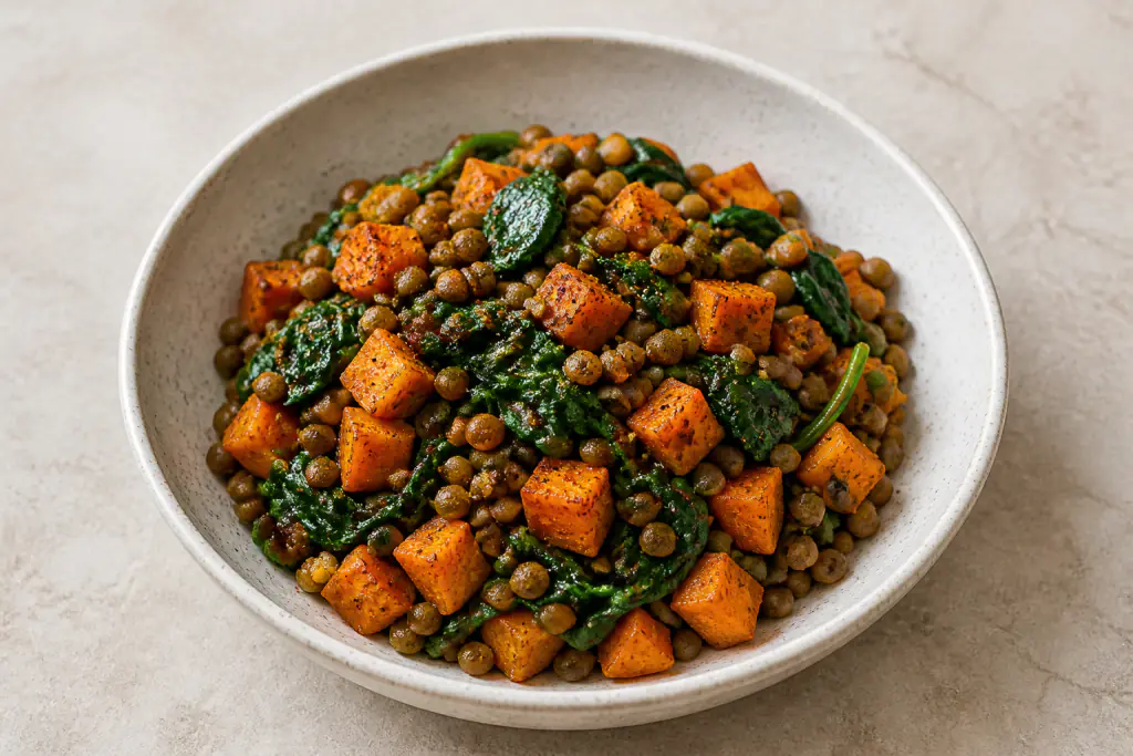 Jordanian-Inspired Vegan Lentil Sweet Potato Spinach Bowl