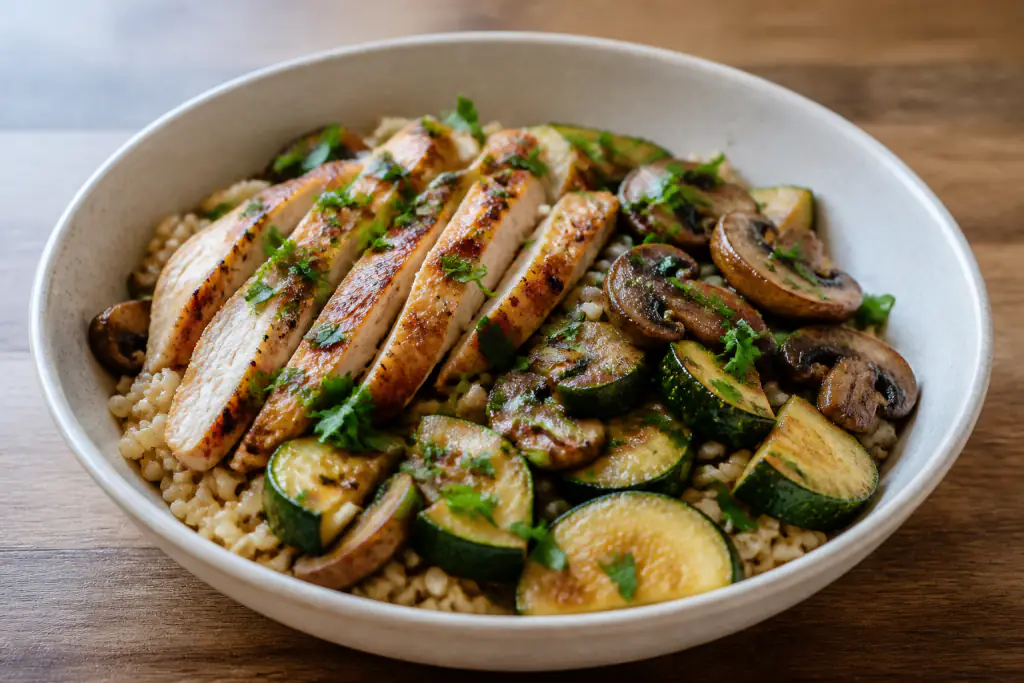 Kenyan-Inspired Fatty-Liver-Caution Chicken Brown Rice Mushroom Bowl