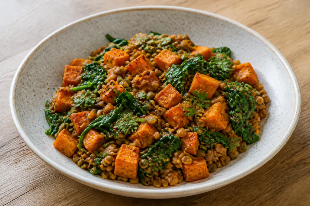 Kenyan-Inspired Vegan Lentil Sweet Potato Spinach Bowl