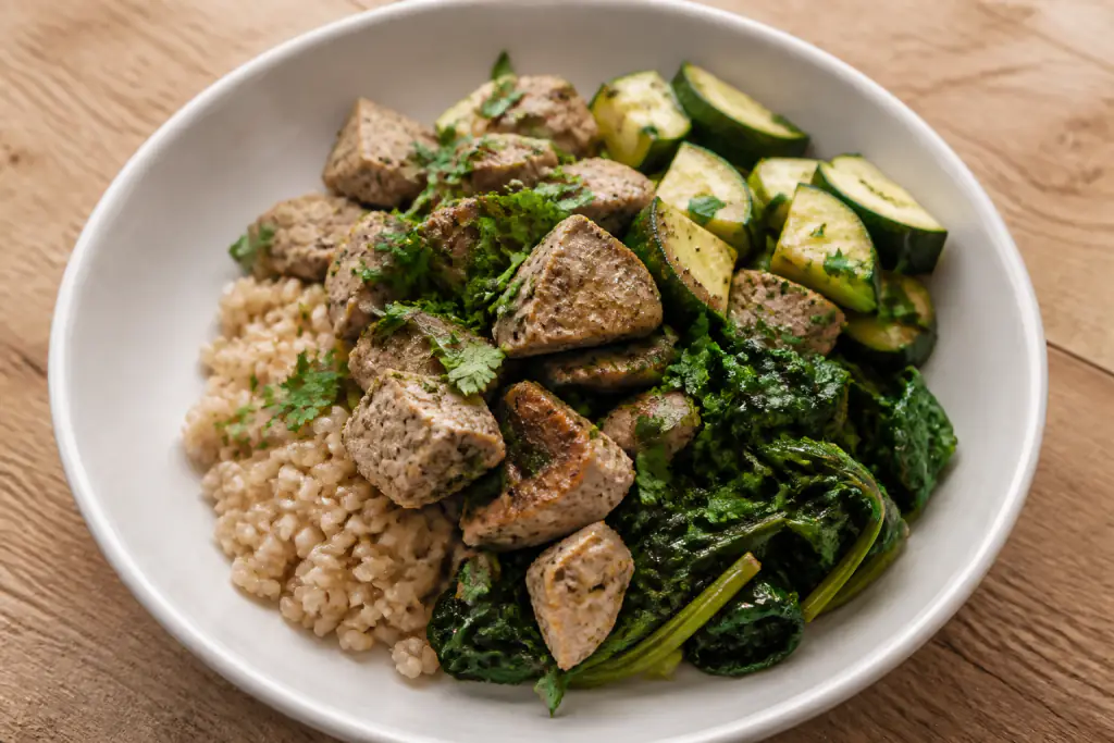 Latvian-Inspired Fatty-Liver-Caution Turkey Brown Rice Greens Bowl