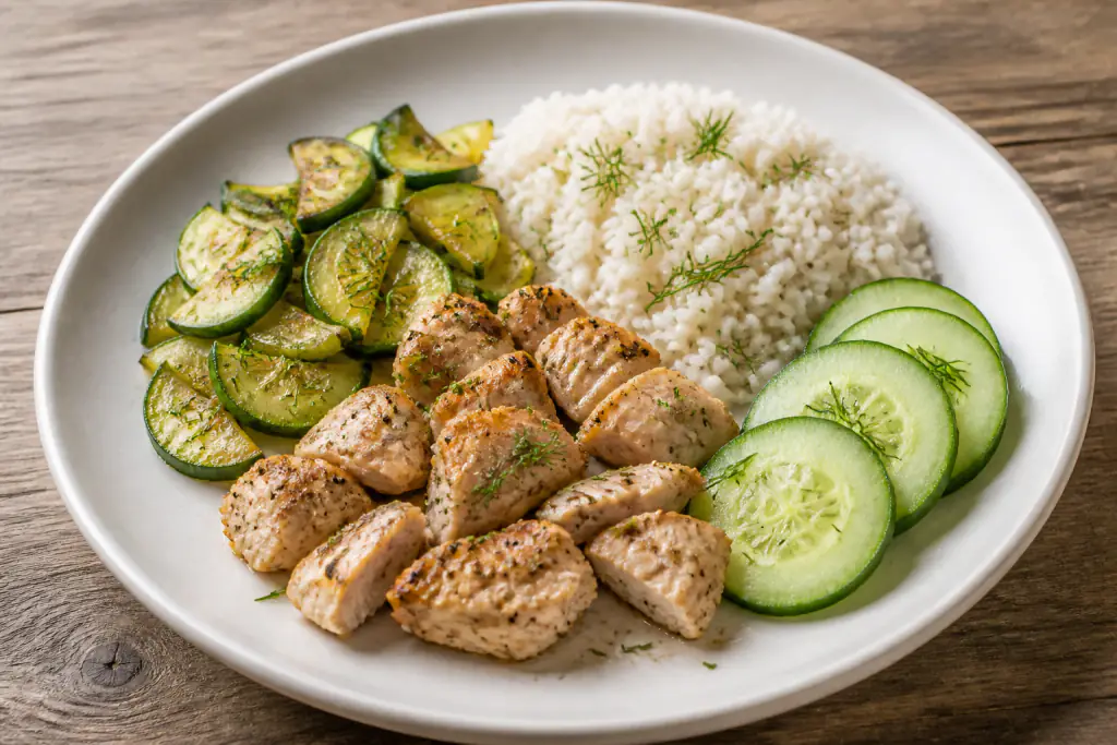 Latvian-Inspired Kidney-Caution Chicken Rice Cucumber Plate