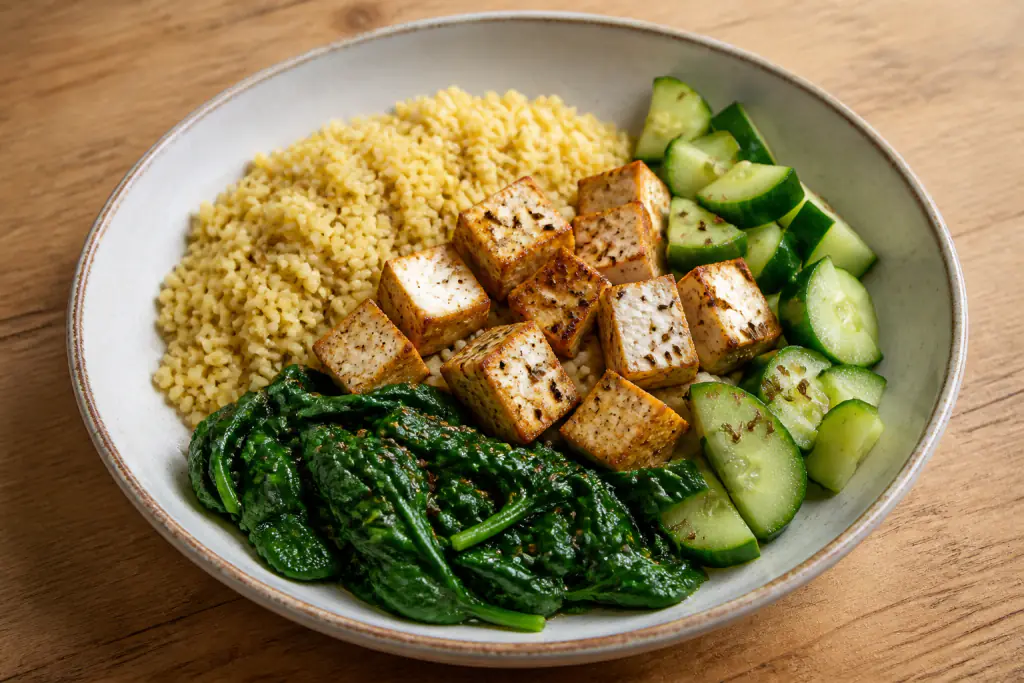 Latvian-Inspired PCOS-Friendly Tofu Millet Spinach Bowl