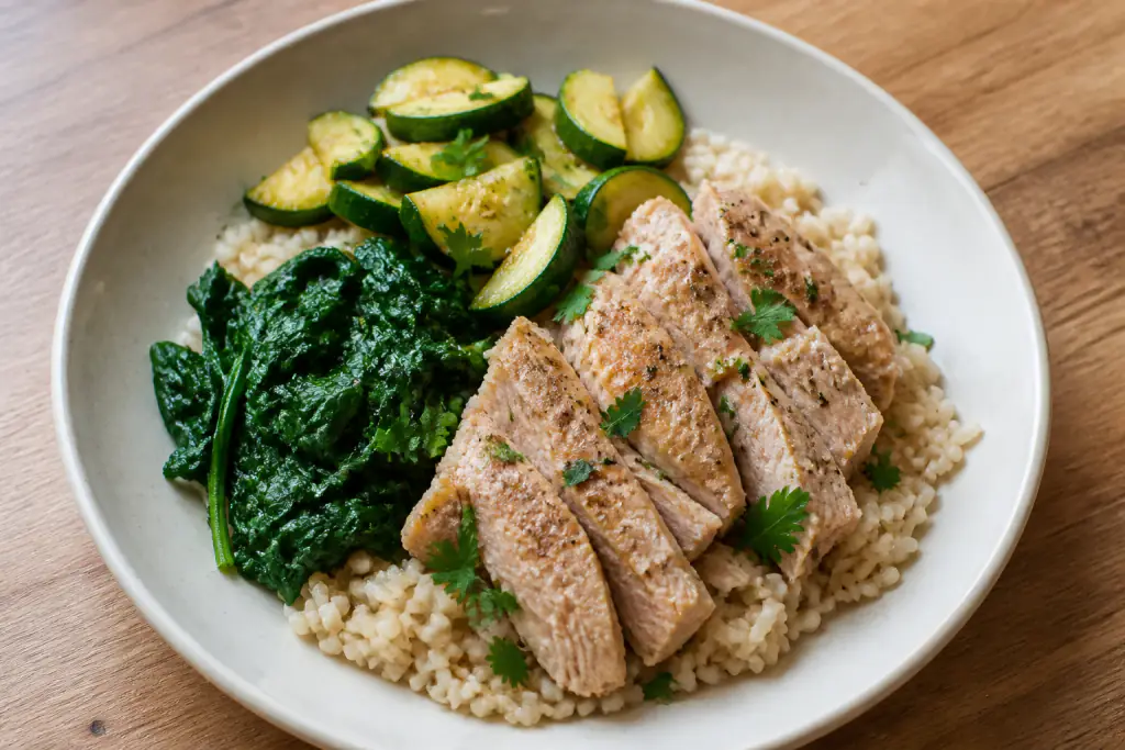 Lithuanian-Inspired Fatty-Liver-Caution Turkey Brown Rice Greens Bowl