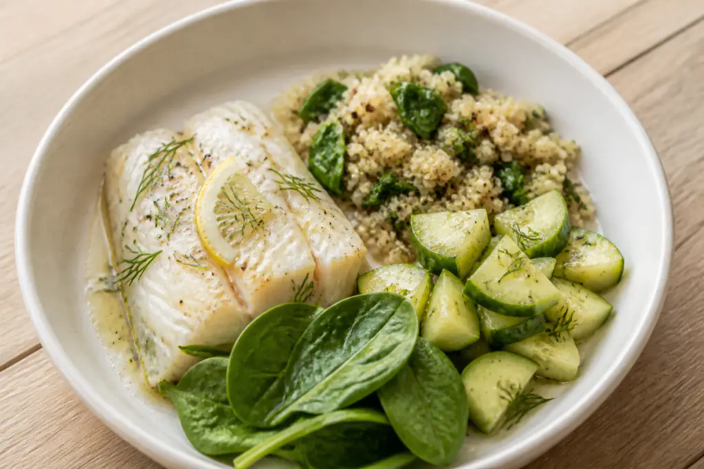 Lithuanian-Inspired Heart-Healthy White Fish Quinoa Cucumber Plate