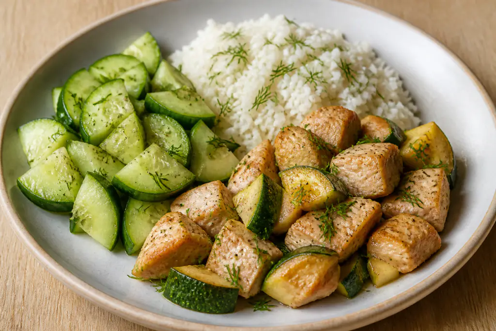 Lithuanian-Inspired Kidney-Caution Chicken Rice Cucumber Plate