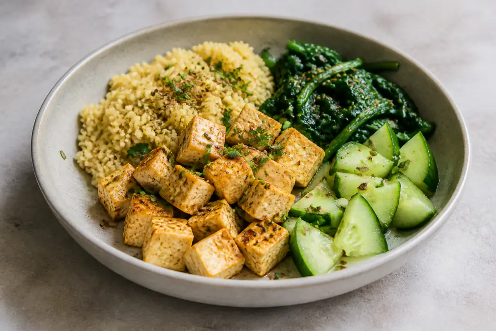 Lithuanian-Inspired PCOS-Friendly Tofu Millet Spinach Bowl