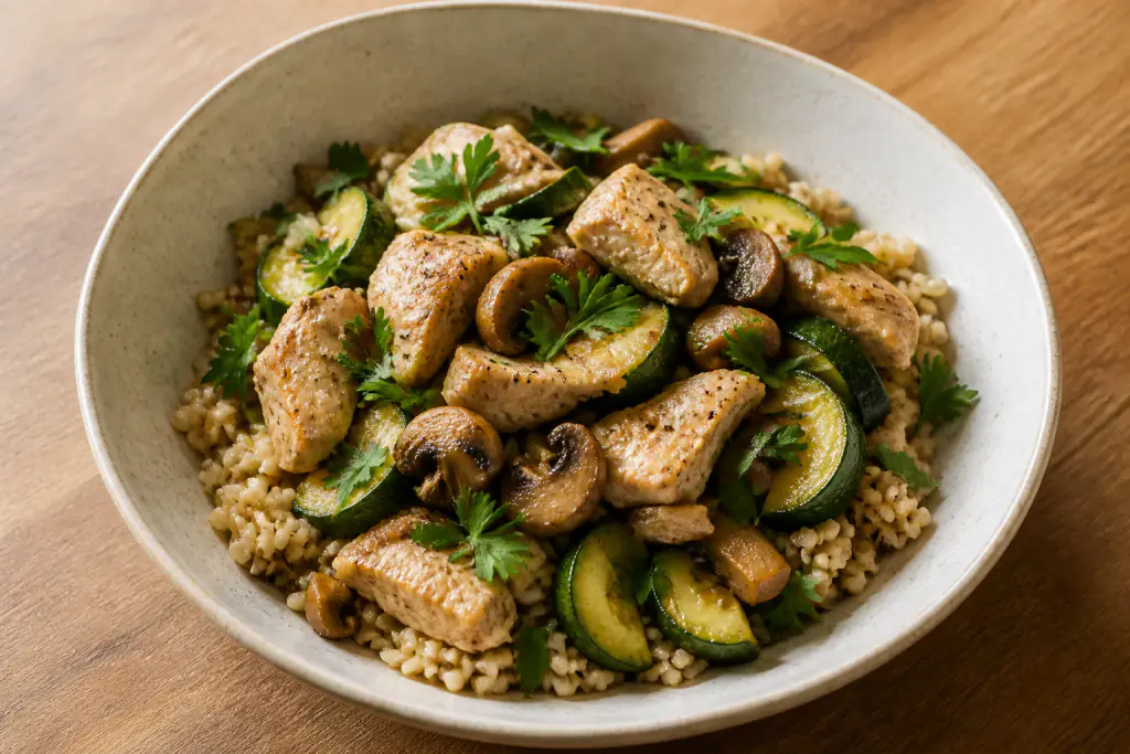Malagasy-Inspired Fatty-Liver-Caution Chicken Brown Rice Mushroom Bowl