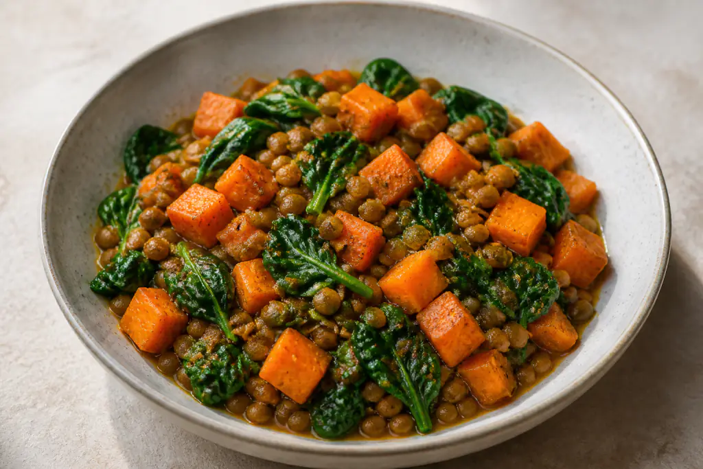 Malagasy-Inspired Vegan Lentil Sweet Potato Spinach Bowl