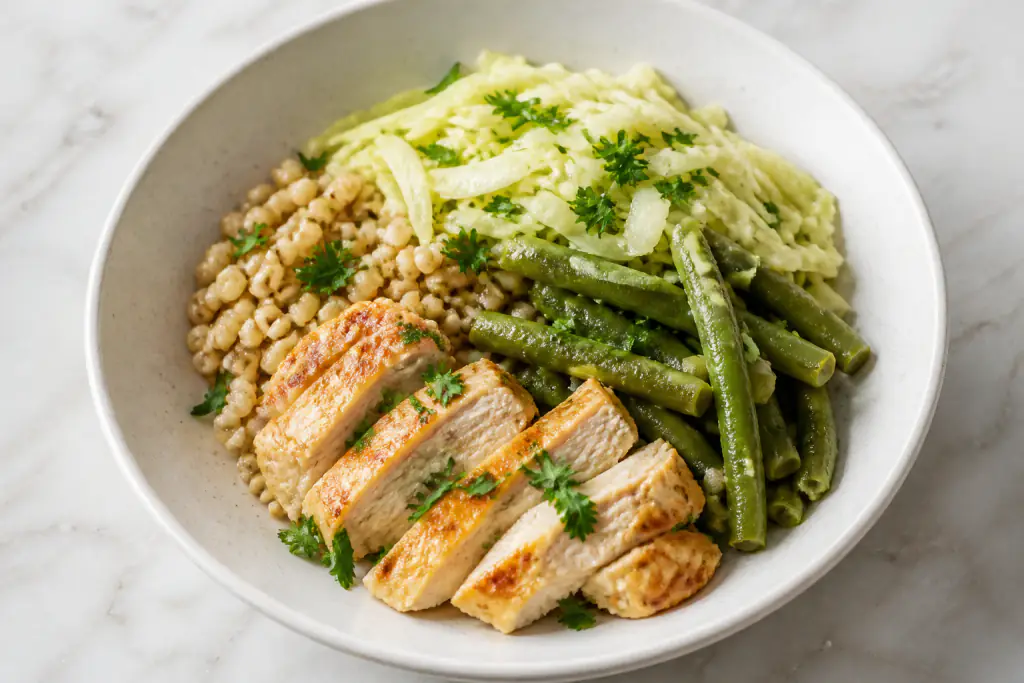 Moldovan-Inspired Diabetes-Friendly Chicken Barley Green Bean Bowl