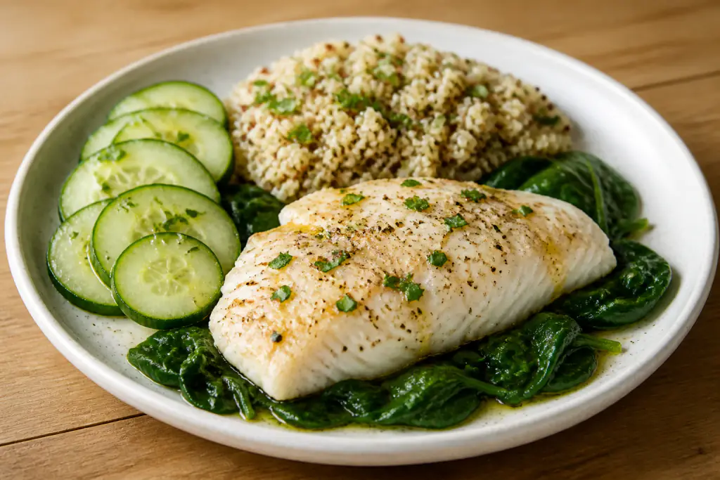 Moldovan-Inspired Heart-Healthy White Fish Quinoa Cucumber Plate