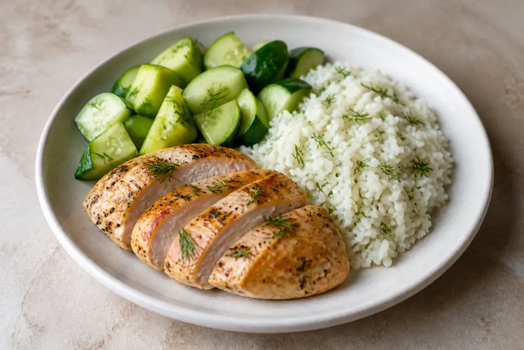 Moldovan-Inspired Kidney-Caution Chicken Rice Cucumber Plate