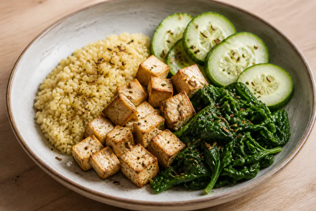 Moldovan-Inspired PCOS-Friendly Tofu Millet Spinach Bowl