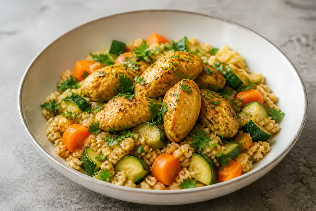 Moroccan Fatty-Liver-Caution Chicken Oat Vegetable Bowl