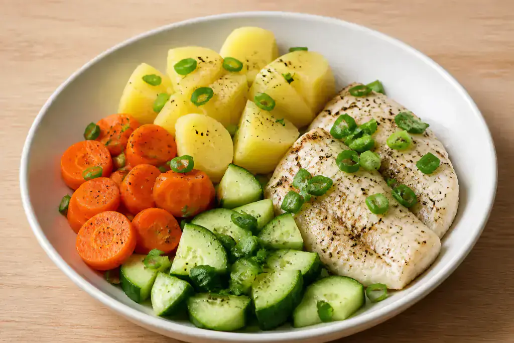 Nigerian Low-FODMAP-Style Fish Potato Carrot Bowl