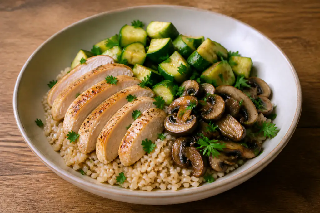 Norwegian-Inspired Fatty-Liver-Caution Chicken Brown Rice Mushroom Bowl