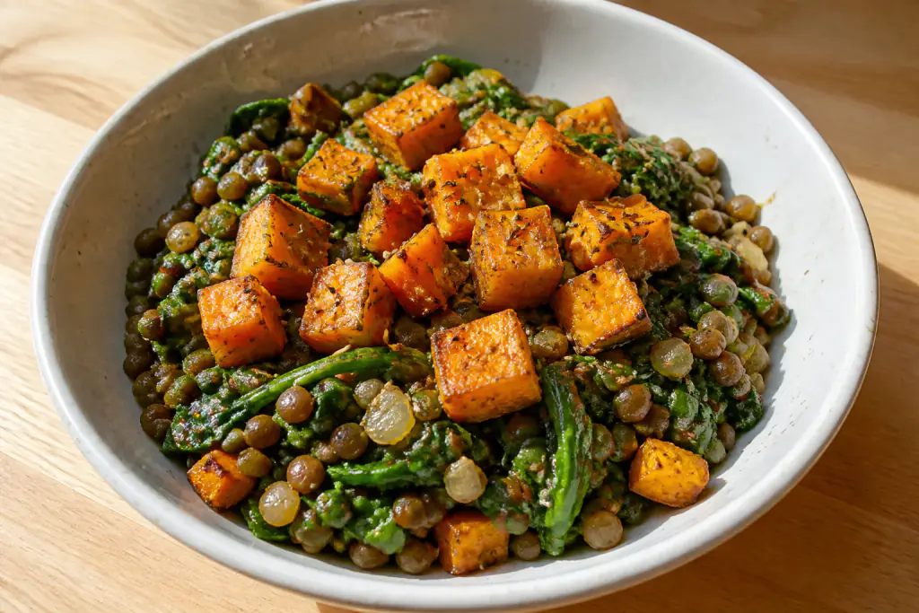 Norwegian-Inspired Vegan Lentil Sweet Potato Spinach Bowl