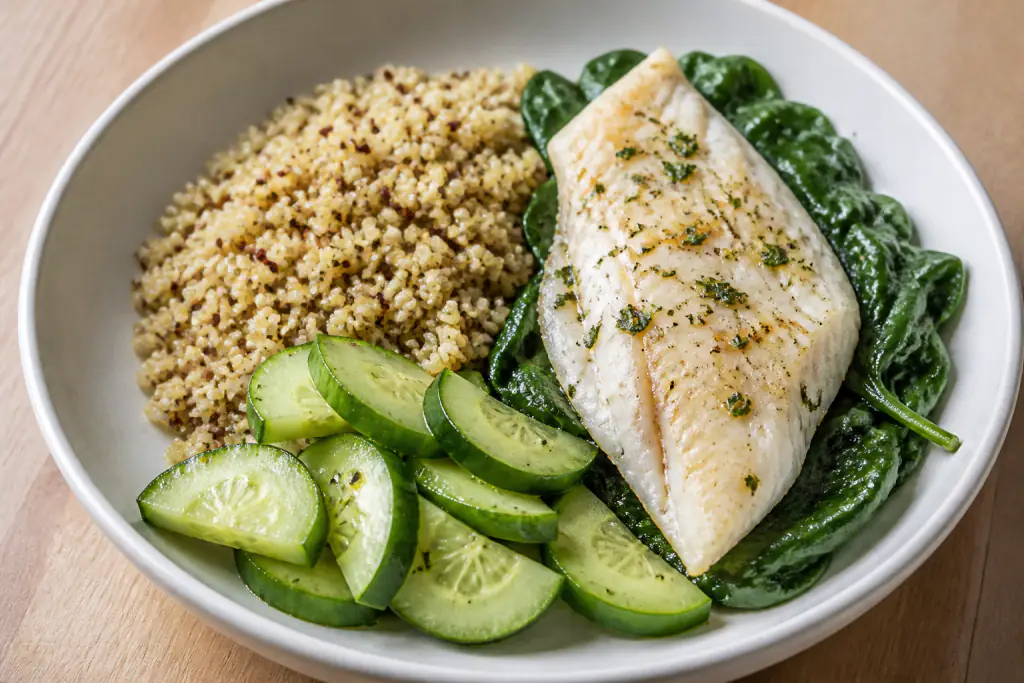 Oaxacan-Inspired Heart-Healthy White Fish Quinoa Cucumber Plate