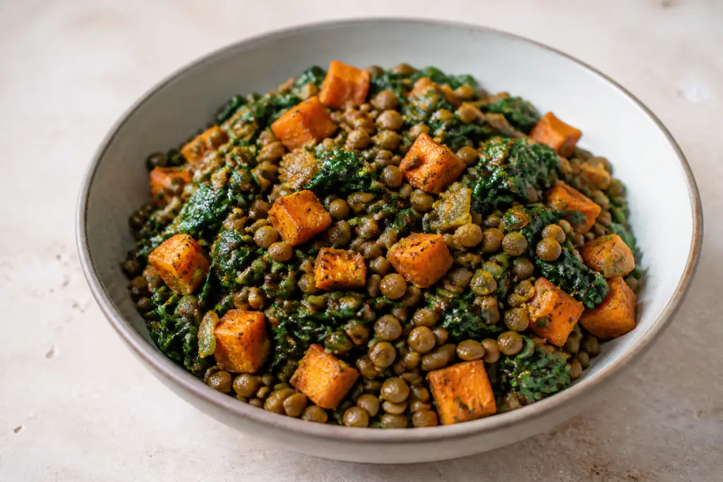 Omani-Inspired Vegan Lentil Sweet Potato Spinach Bowl