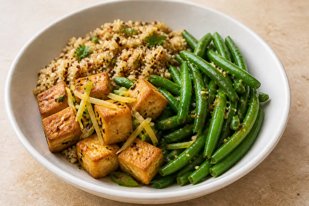 Palestinian-Inspired Diabetes-Friendly Tofu Quinoa Green Bean Bowl