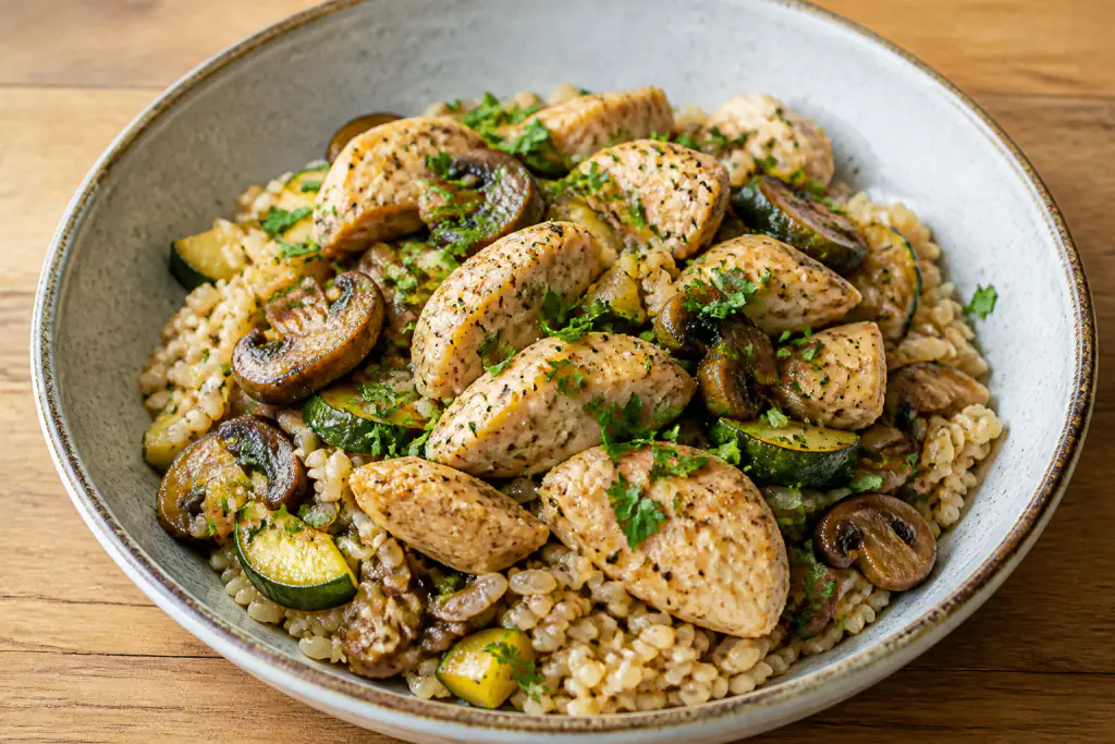 Palestinian-Inspired Fatty-Liver-Caution Chicken Brown Rice Mushroom Bowl