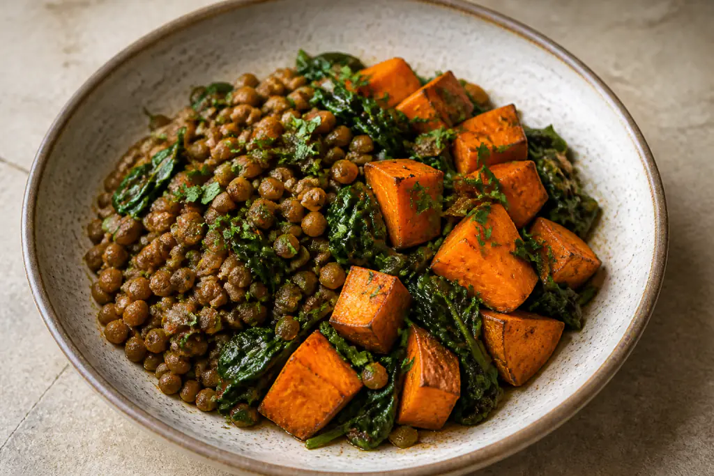Palestinian-Inspired Vegan Lentil Sweet Potato Spinach Bowl