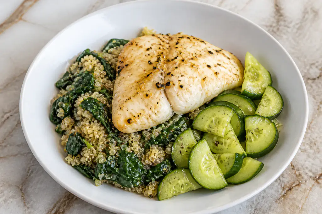 Panamanian-Inspired Heart-Healthy White Fish Quinoa Cucumber Plate