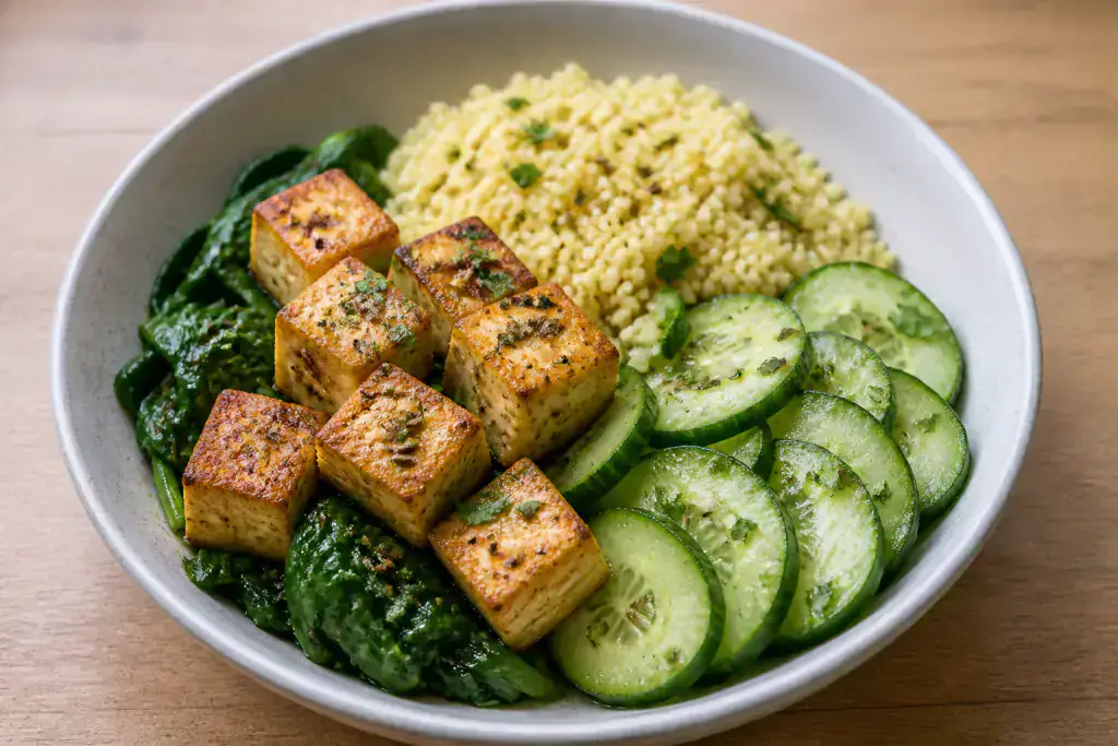 Polish-Inspired PCOS-Friendly Tofu Millet Greens Bowl