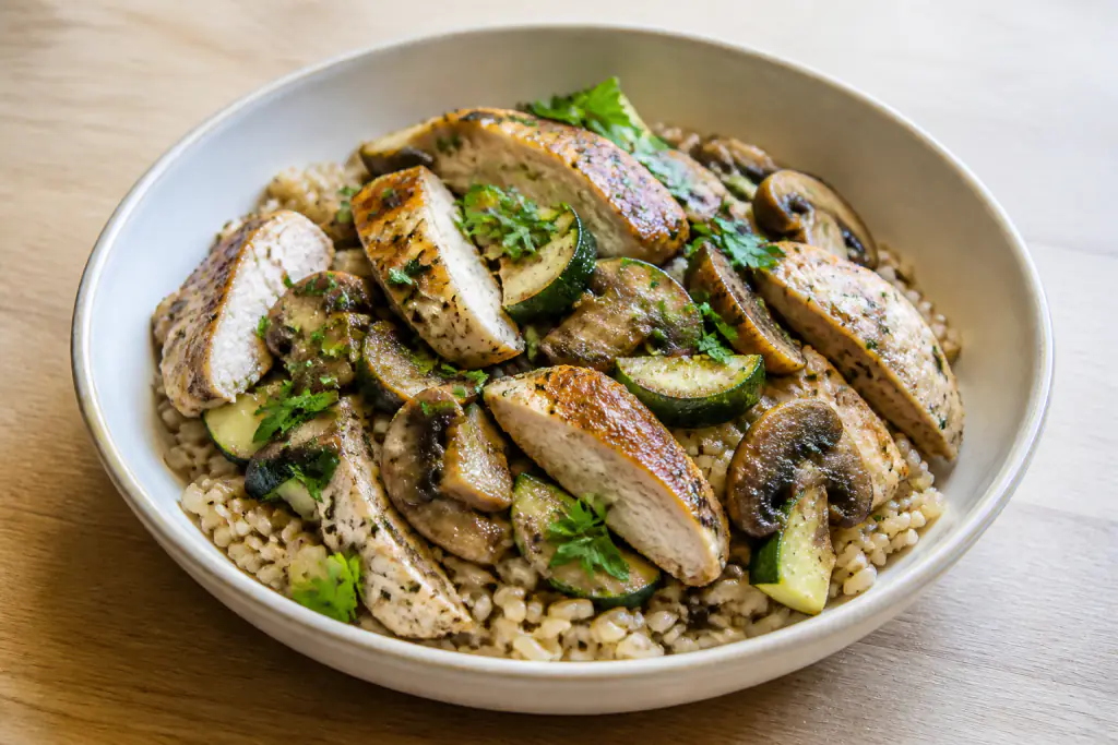 Provencal-Inspired Fatty-Liver-Caution Chicken Brown Rice Mushroom Bowl