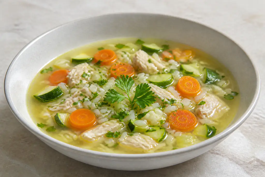 Provencal-Inspired GERD-Aware Chicken Rice Carrot Soup