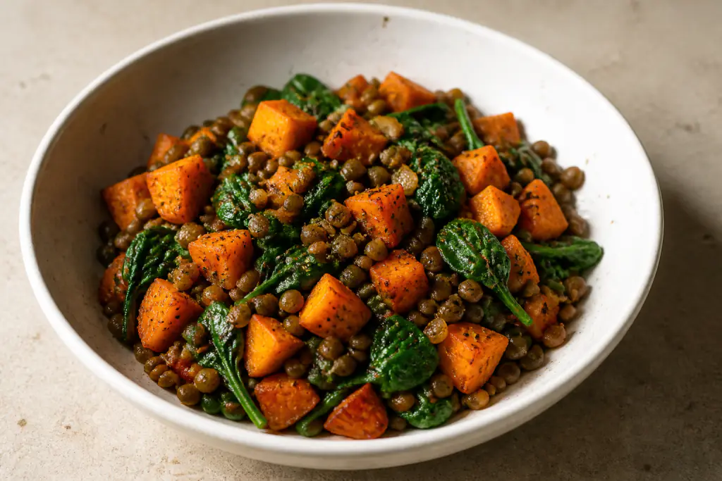 Provencal-Inspired Vegan Lentil Sweet Potato Spinach Bowl