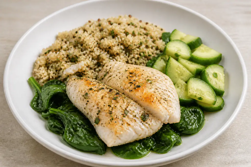 Puerto Rican-Inspired Heart-Healthy White Fish Quinoa Cucumber Plate