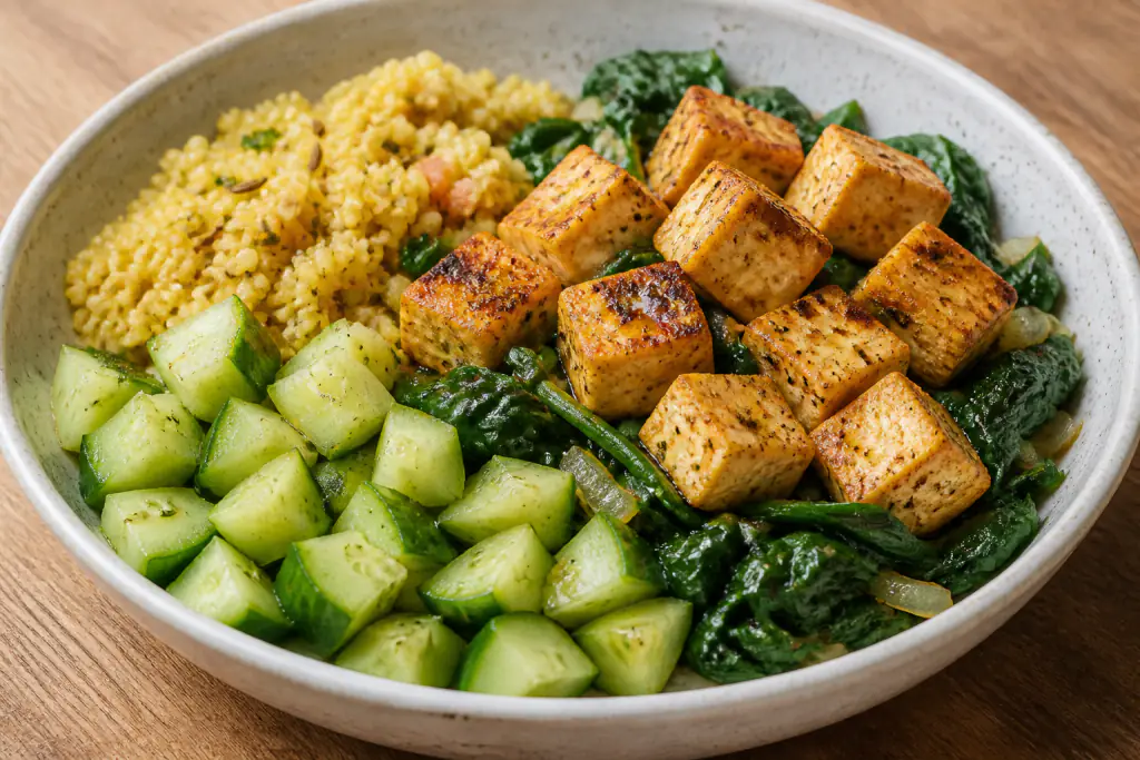 Puerto Rican-Inspired PCOS-Friendly Tofu Millet Spinach Bowl