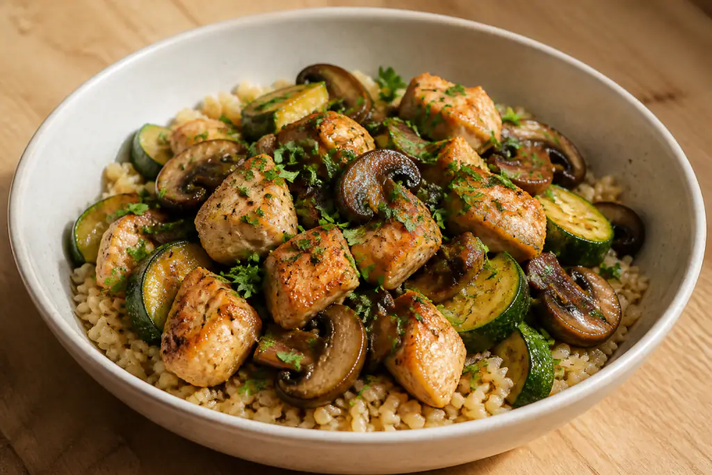Romanian-Inspired Fatty-Liver-Caution Chicken Brown Rice Mushroom Bowl